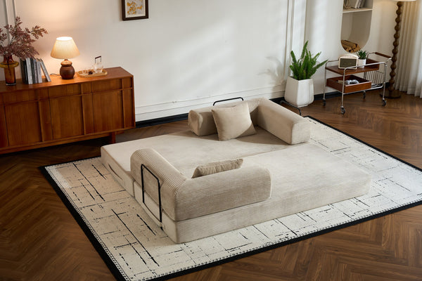 English Elm Convertible Sleeper Sofa Bed with Corduroy Upholstery, 4‑in‑1 Folding Couch Mattress, Space‑Saving Lounge Beige W3434P346244