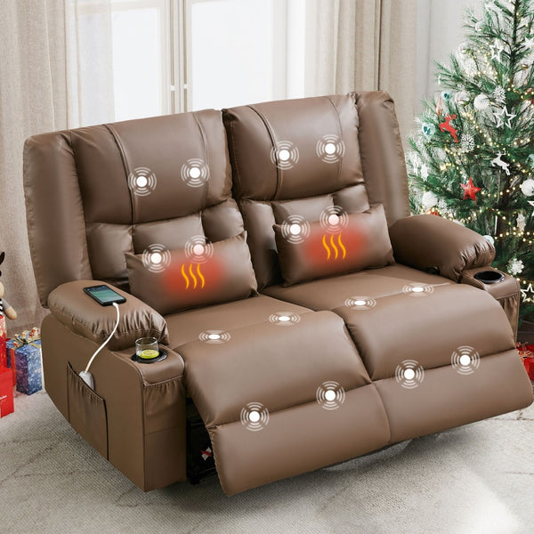 English Elm Recliner Loveseat with Massage Heat Pu Leather Dual Seating and Usb Charging Ports Brown W1521S00083