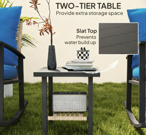 English Elm Patio Pe Rattan Rocking Chair Set with Tufted Cushions and Matching Coffee Table Blue T3971P419117