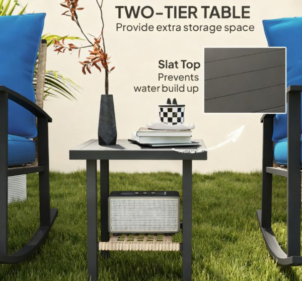 English Elm Patio Pe Rattan Rocking Chair Set with Tufted Cushions and Matching Coffee Table Blue T3971P419117