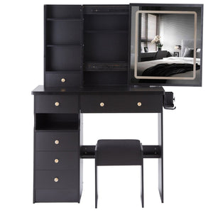 English Elm 37" Vanity Table Set with Led Mirror Stool Built-in Outlets and Hair Dryer Storage Black W3258P448840