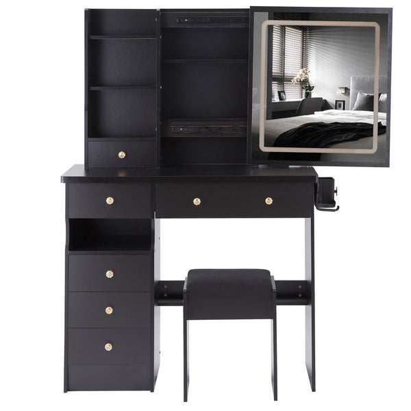 English Elm 37" Vanity Table Set with Led Mirror Stool Built-in Outlets and Hair Dryer Storage Black W3258P448840