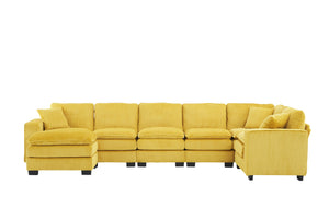English Elm Modern U Shaped 6-Seat Sectional Sofa with Ottoman and 3 Toss Pillows, Corduroy Modular Comfort and Durable Frame Yellow W2363S00040
