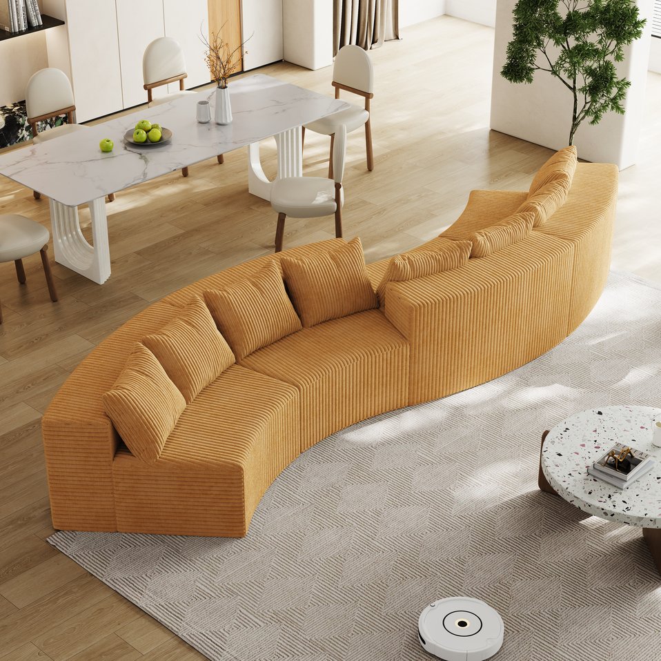 English Elm Corduroy Curved Sectional Sofa With 8 Pillows - Modern Modular Comfort For Living Room & Office W834S00345