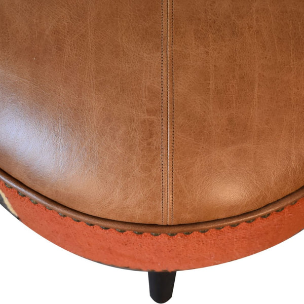English Elm Solid Buffalo Leather Durrie Fabric Cube Footstool with Walnut Nordic Tapered Legs B182P280809