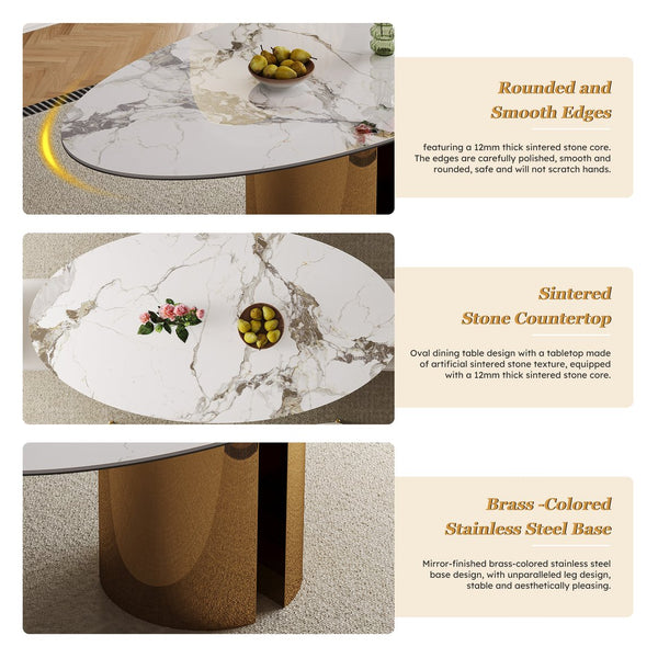 English Elm 70.9-inch Sintered Stone oval dining table with copper stainless base, kid-safe rounded edges, modern chic centerpiece (97) W509S00149