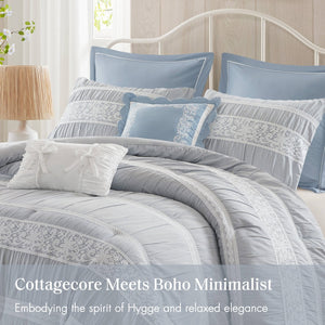 English Elm 7-piece King Jacquard Comforter Set Lace Detail Chambray Cottage Bedroom Ensemble Blue B035P482887