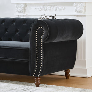 English Elm 67"Chesterfield Velvet 2-Seater Sofa with Nailhead Trim, Roll Arms, Hardwood Frame, Luxurious Comfort Black W3373S00011