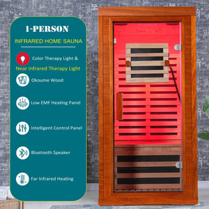 English Elm Infrared Sauna with Red Light Therapy Okoume Wood Spa Cabin for Home Wellness W3973S00011
