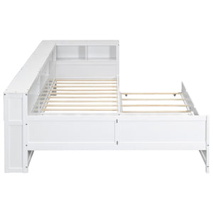English Elm Wood Twin L-shaped Platform Bed Trundle Shelves Charging Station Kids Room White N7090001045K-1