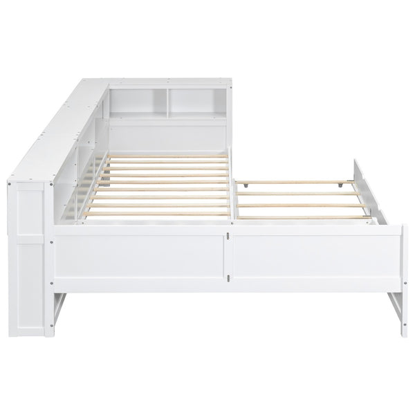 English Elm Wood Twin L-shaped Platform Bed Trundle Shelves Charging Station Kids Room White N7090001045K-1