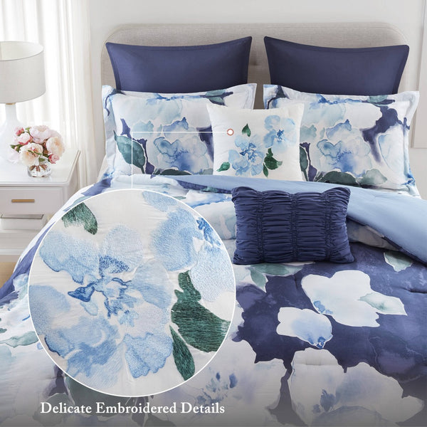 English Elm 7-piece King Comforter Set Cotton Print Bedding with Embroidered Pillows Layered Bedroom Blue Multi B035P482993