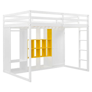 English Elm Twin Loft Bed with Wardrobe Shelves and Cabinet Kids Bedroom Wood Storage Frame Yellow+White N708S00024K