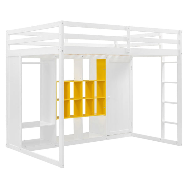 English Elm Twin Loft Bed with Wardrobe Shelves and Cabinet Kids Bedroom Wood Storage Frame Yellow+White N708S00024K
