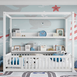 English Elm Full House Floor Bed with Door and Guardrails for Kids, Solid Wood Double Full, Safe Play Nook Light White W1580P359331