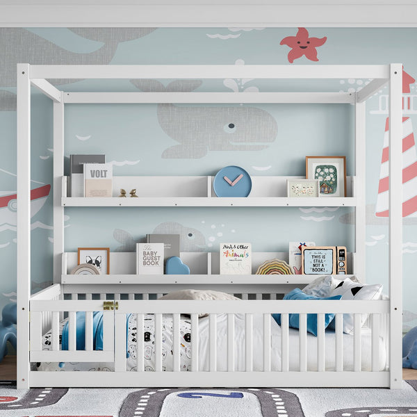 English Elm Full House Floor Bed with Door and Guardrails for Kids, Solid Wood Double Full, Safe Play Nook Light White W1580P359331