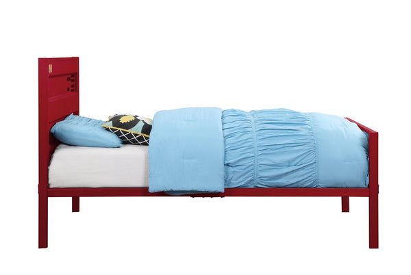 English Elm Cargo Red Metal Full Bed Frame with Cargo-Style Recessed Panels, 21 Slats, Low Profile Locking Design B2726P305865