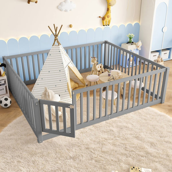 English Elm Queen Kids Floor Bed Pine Wood Frame with Safety Rails Door and Low Profile Design Gray W1580P418053