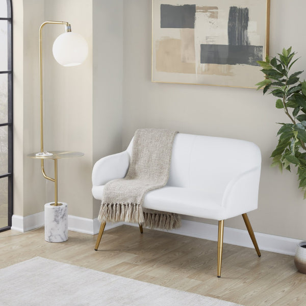 English Elm High Back Faux Leather Two Seat Bench with Matte Steel Frame for Entryway or Bedroom B202P471364