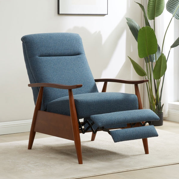 English Elm Tustin Mid-century Push Back Recliner with Chestnut Wood Arms and Performance Fabric Blue B050P429144