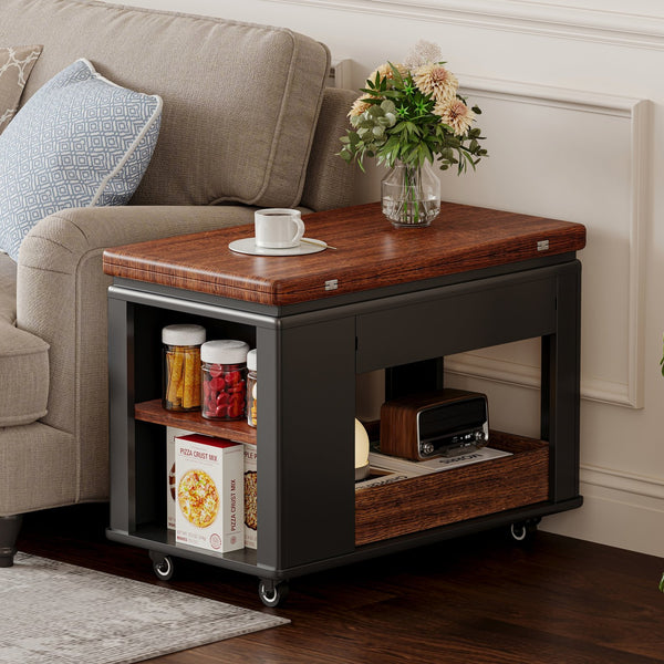 English Elm 27.6'' Modern Multi-Function Coffee Table with Foldable Top, Casters, Multi-Tier Storage & Drawer Black,Walnut N735P328521B