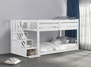 English Elm Transitional Twin Over Twin Low Bunk Bed With Reversible Storage Staircase – Space-Saving White Design B2741S00608-GIGA