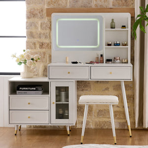 English Elm Modern Makeup Vanity Desk with LED 3-Color Mirror, Built-In Power Station, Sliding Cabinet, Stool White N844P288432A