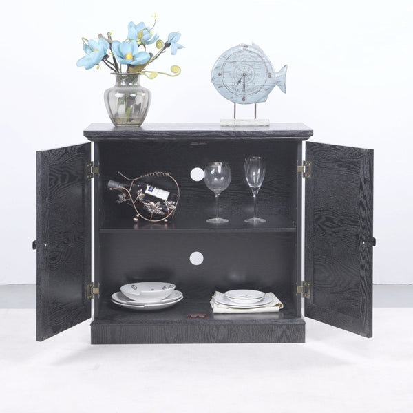 English Elm Storage Sideboard with Mirrored Acrylic Doors and Wood Grain Mdf Finish for Compact Rooms Black W2899P372748