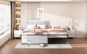 English Elm Full Size Upholstered Platform Bed With Versatile Trundle - Stylish Beige Design For Any Space! DL001678AAA