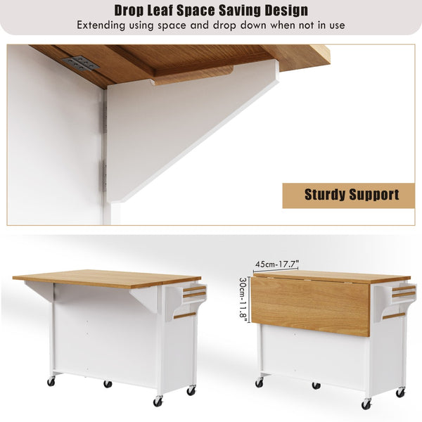 English Elm K&k Farmhouse Rolling Kitchen Island Oak Veneer Top with Drop Leaf and Storage Drawers White N707S195393W