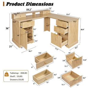 English Elm 59" Fluted Oak L-shaped Corner Desk with Charging Station Monitor Stand and File Storage Light Oak W2917S00005