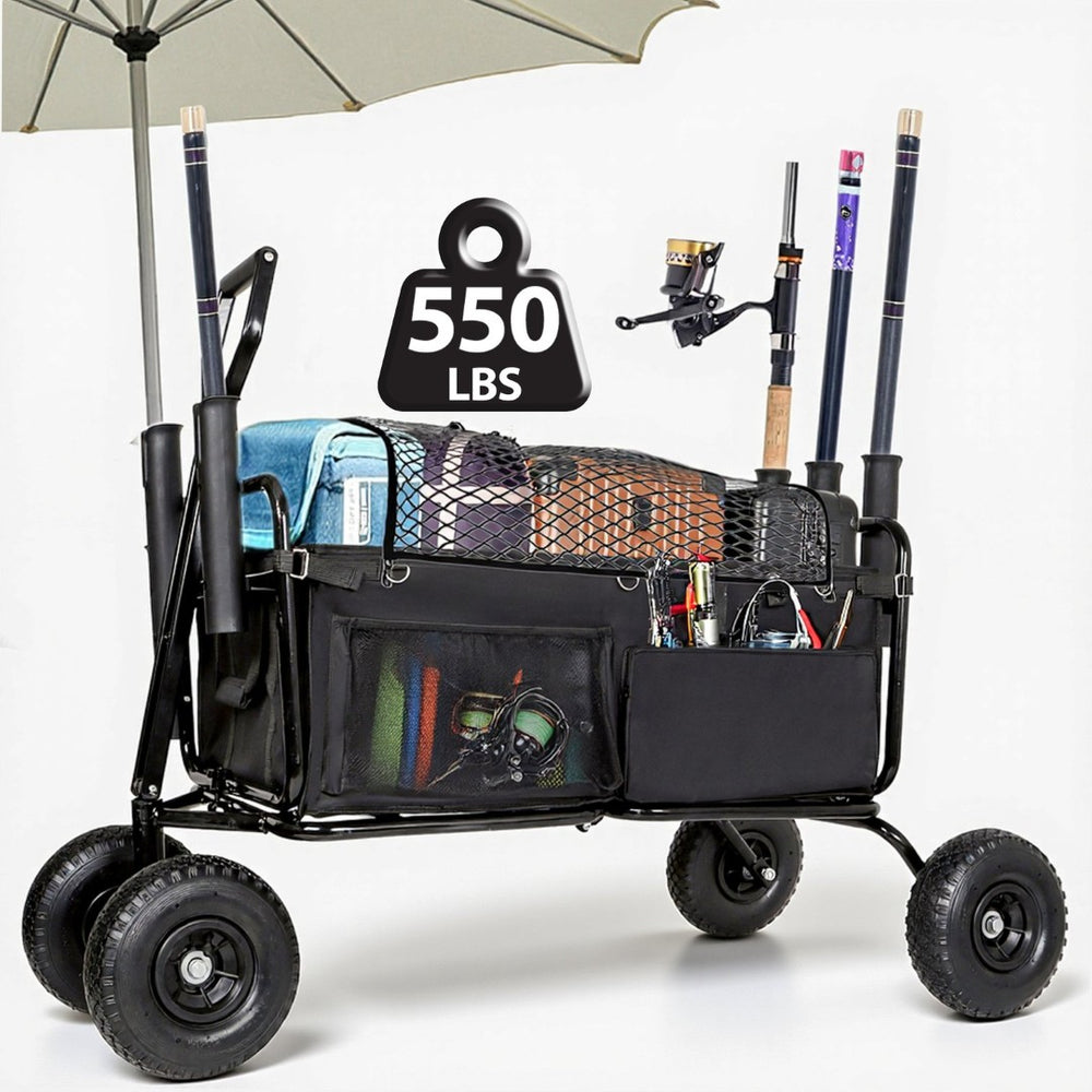 English Elm Fishing Beach Cart Collapsible Steel Wagon with Rod Holders and All-terrain Wheels W2932P354215