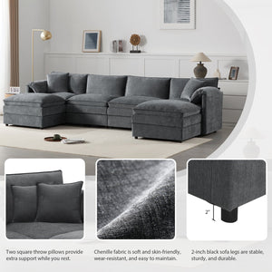 English Elm 136" Chenille Modular Sectional Sofa with Deep Wide Seats, Double Cushions & Removable Ottoman Dark Gray N723S9687B