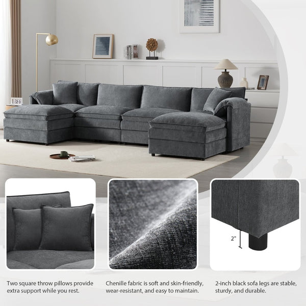 English Elm [video]136" Chenille U-shaped Sectional Six Seat Cloud Sofa with Movable Ottomans Dark Gray N723S1687B