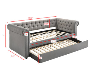 English Elm Luxurious Tufted Daybed with Nailhead Trim and Built-In Trundle — Elegant Rolled Arms, Plush Fabric Comfort Gray 41.88 L x 16 W x 6.25 H B011S01633
