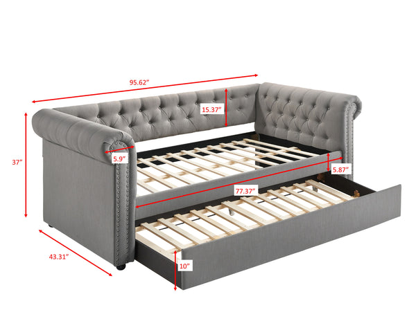English Elm Luxurious Tufted Daybed with Nailhead Trim and Built-In Trundle — Elegant Rolled Arms, Plush Fabric Comfort Gray 41.88 L x 16 W x 6.25 H B011S01633