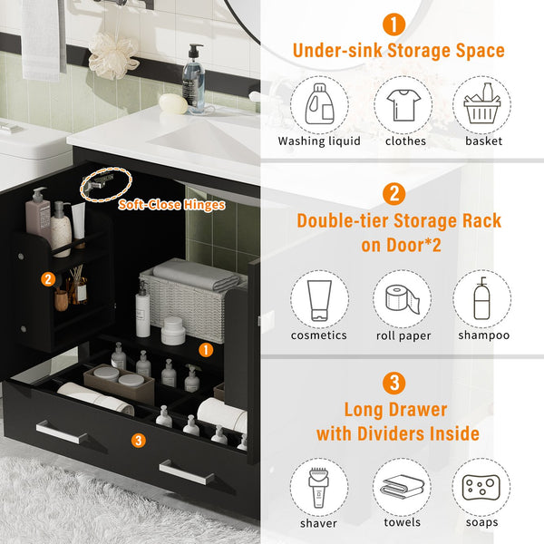 English Elm 36" Black Bathroom Vanity with Ceramic Sink, Soft-Close Doors, Divided Drawer & Double Shelves — Modern Storage Solution for Small to Medium Baths N729P276609B