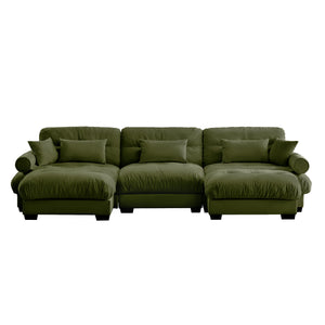 English Elm U Shape Velvet Modular Sectional Sofa with Movable Ottomans, Deep Cloud Seats and Bolster Arms Olive Green W714S01109