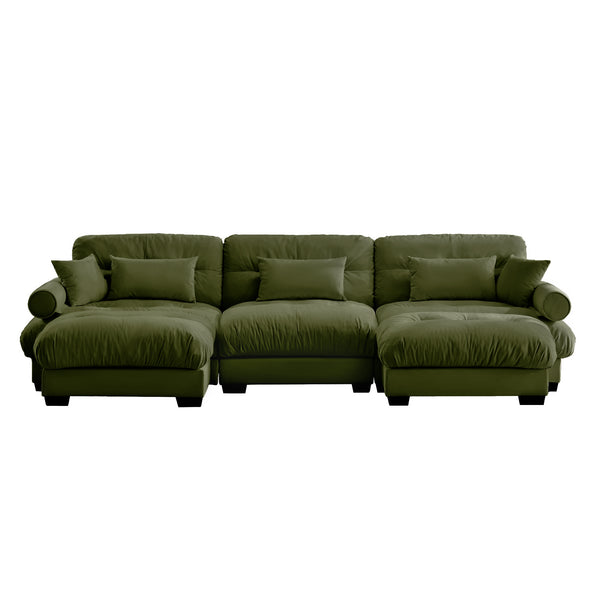 English Elm U Shape Velvet Modular Sectional Sofa with Movable Ottomans, Deep Cloud Seats and Bolster Arms Olive Green W714S01109