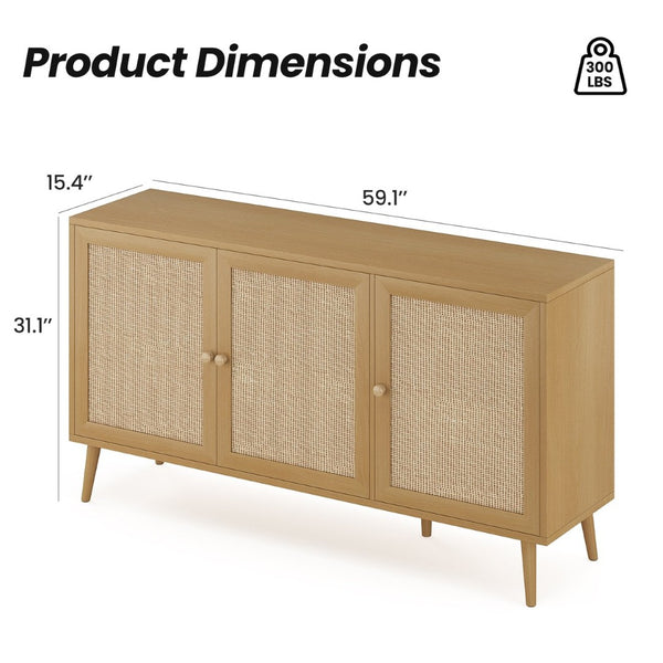 English Elm Sideboard Buffet Cabinet With 3 Rattan Doors - Stylish Storage Solution For Living Room & Kitchen T3623P380149-GIGA