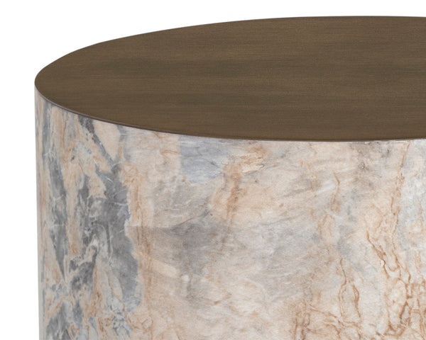 Sunpan Diaz End Table - Stylish Concrete Drum Design with Dark Timber Top, Perfect for Modern Spaces Marble Look / Antique Brass