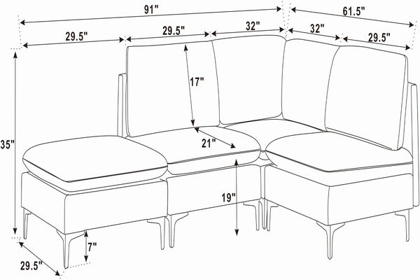 English Elm Linen Upholstered Modular Sectional Sofa with Black Metal Legs for Modern Living Dark Gray B2748S00106