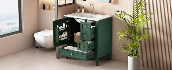 English Elm 30 30 Inch Bathroom Vanity with Ceramic Sink, Modern Compact 3-Drawer Storage Cabinet for Small Baths Green N710P247499F
