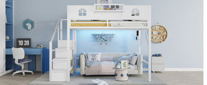 English Elm Metal Queen Loft Bed with L Shaped Desk Wardrobe Led Lighting and Usb for Teens White W2593S00057