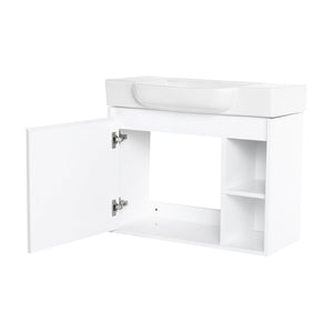 English Elm 28'' Floating Bathroom Vanity with Ceramic Sink Soft Close Door Melamine Cabinet Glossy White W999P426642