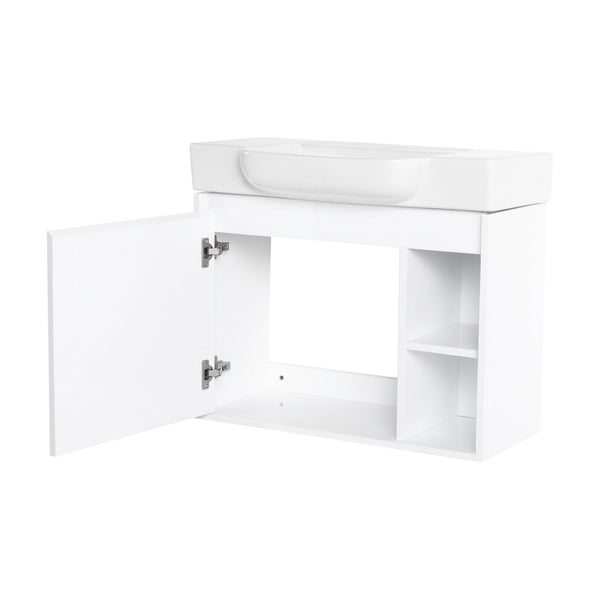 English Elm 28'' Floating Bathroom Vanity with Ceramic Sink Soft Close Door Melamine Cabinet Glossy White W999P426642