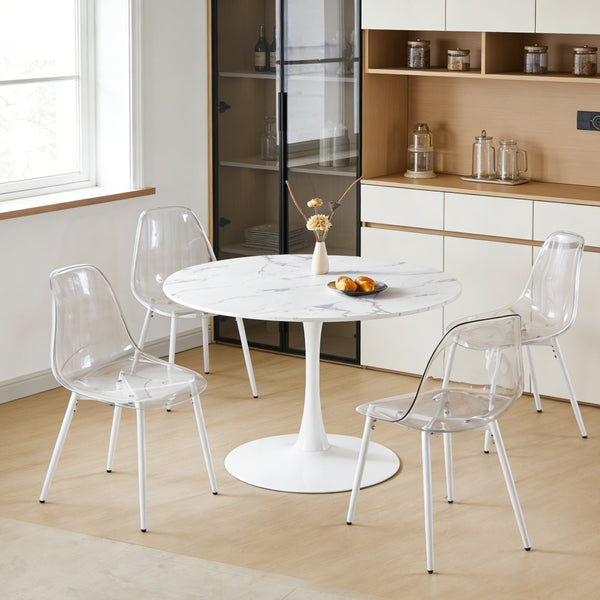 English Elm 42.1" Round Marble Look Pedestal Dining Table Mid Century Modern Seats Six White W234P453955