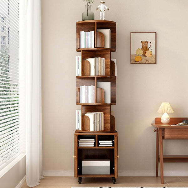 English Elm Rotating 360° Corner Bookshelf - 5-Tier Compact Storage Rack With Drawer For Small Spaces, Walnut W2641P329220-GIGA