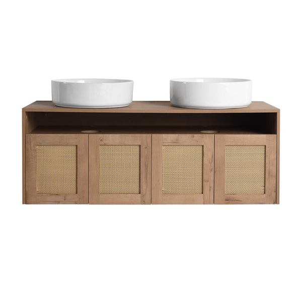 English Elm 48" Imitative Oak Wall Mounted Bathroom Vanity with Ceramic Art Sink, Plywood, 4 Soft-Close Doors, Modern Float Design W999S00399