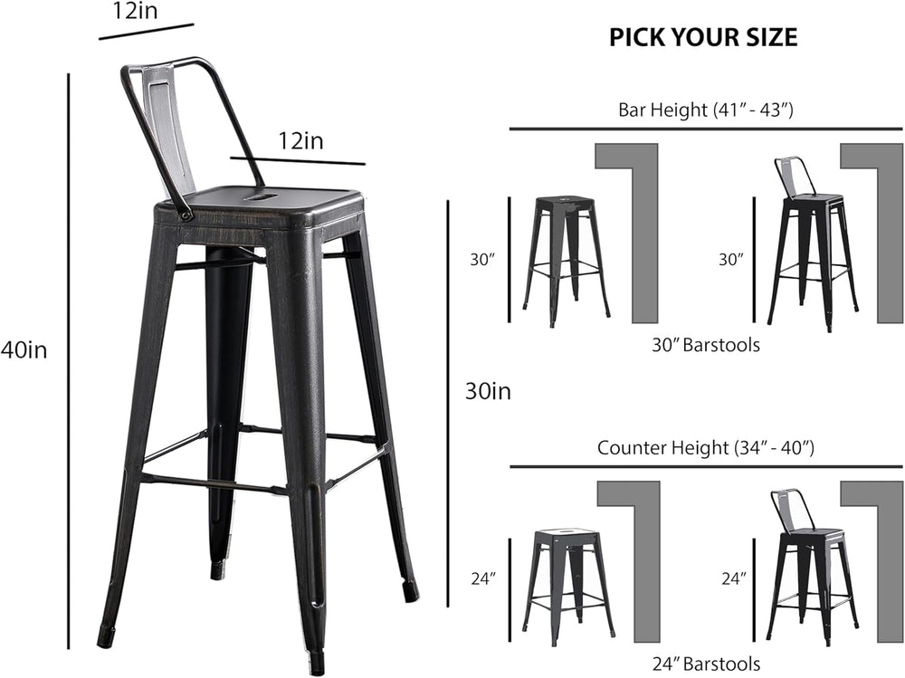 English Elm 30" Sanded Matte Black Metal Barstool Set of 4 — Industrial Rustic Bucket Back, Weatherproof, 30" H B347P349401